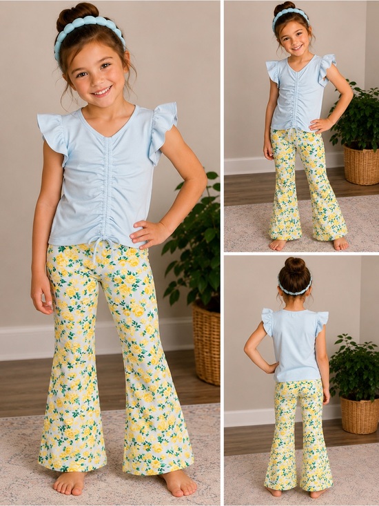 btween Other - NWT btween Blue Ruched Top & Yellow Floral Bell Bottom Set Girls Size 5